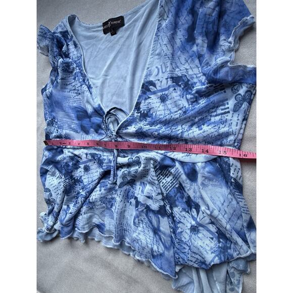 Y2K Fairycore Sz Lrg Flowy Babydoll Top Floral Lace Trim Blue Butterfly Peplum - Picture 9 of 9